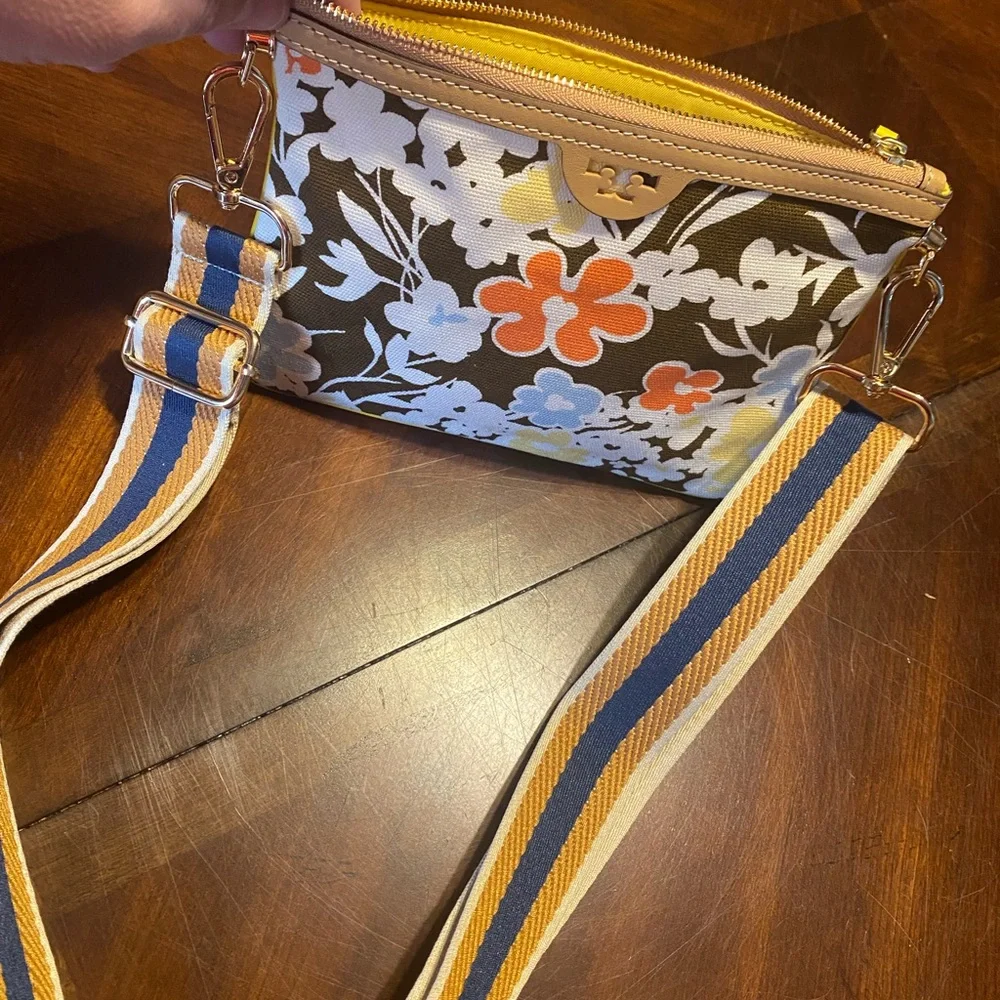 Tory Burch Floral Crossbody Bag with Striped Strap - Orange, Blue & Brown - Picture 5 of 8